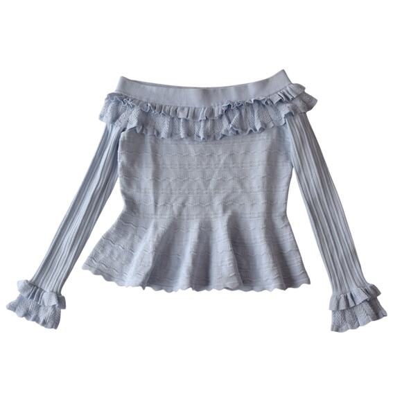 Jonathan Simkhai Light Pastel Blue Knit Off The Shoulder Ruffle Top Size Medium - Picture 1 of 7